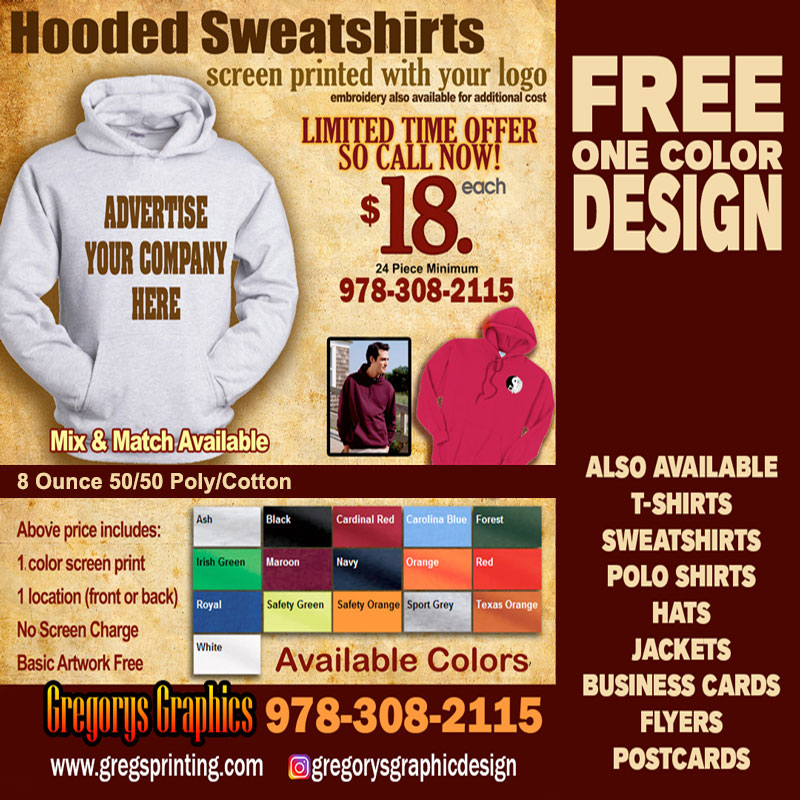 screen printing, embroidery, signs, graphic design, free setup, saugus, wakefield, lynn, everett, malden, medford, revere, beverly, danvers, peabody